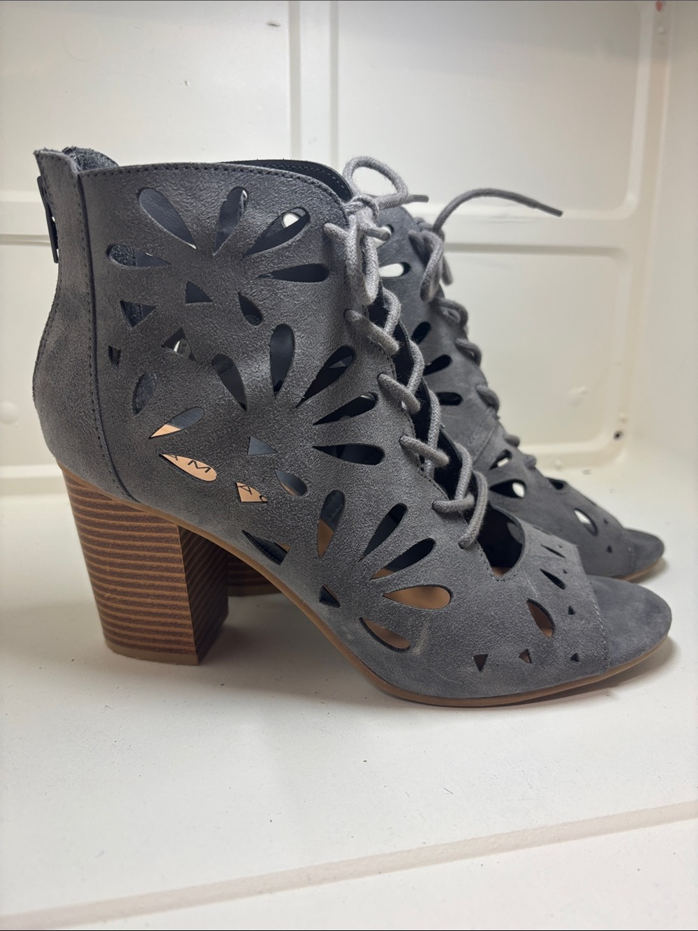 Rampage Gray Cutout Lace-Up Block Heel Booties